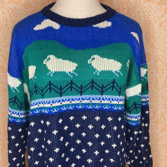 Vintage knit sweater sheep clouds pattern size large - Picture 4 of 11